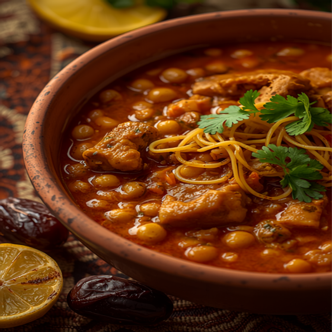Harira marocaine servie dans un bol en terre cuite avec citron et dattes