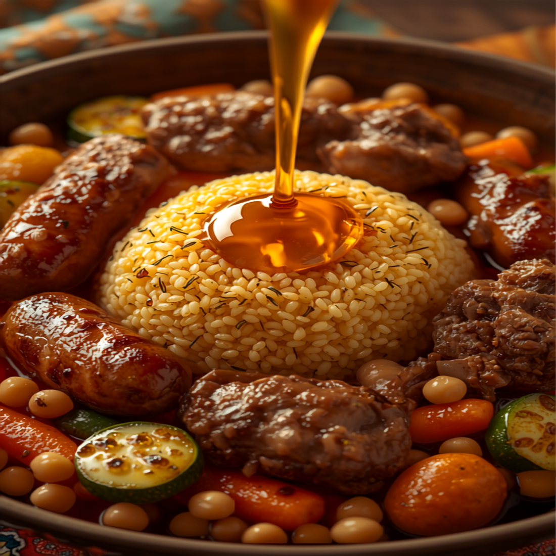 Couscous royal marocain avec agneau, poulet, merguez et légumes