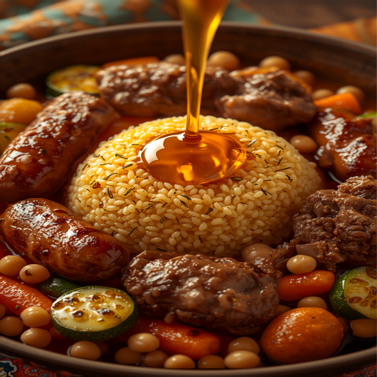 Couscous royal marocain avec agneau, poulet, merguez et légumes