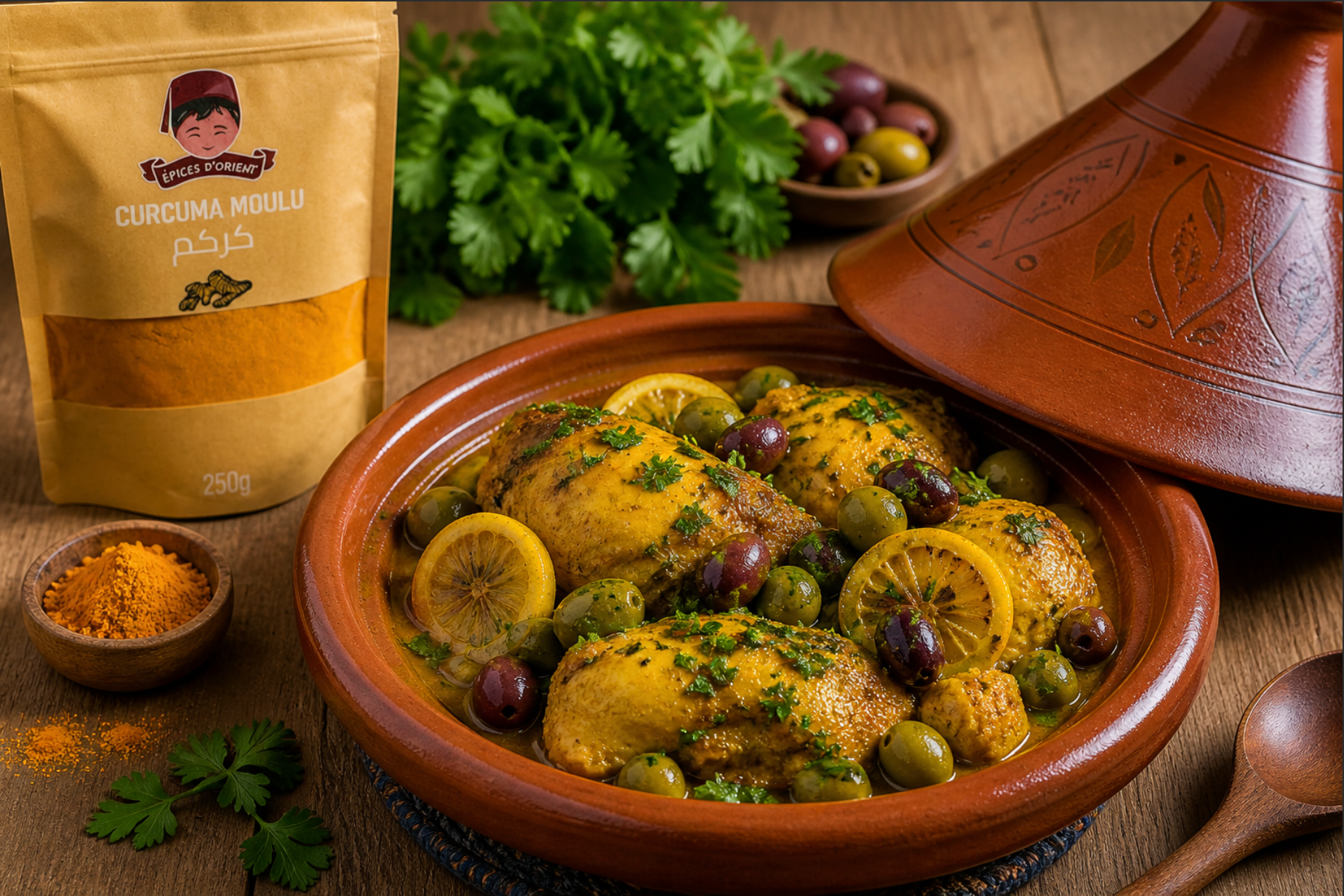 Tajine de poulet au curcuma et citron confit